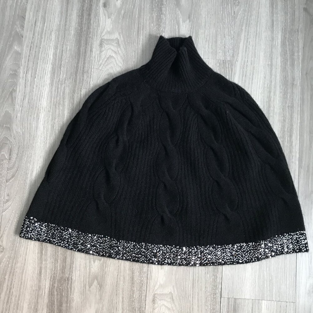 IISLI NEW YORK WOMENS WOOL CAPE BLACK PONCHO BRADED HEM KNIT MEDIUM